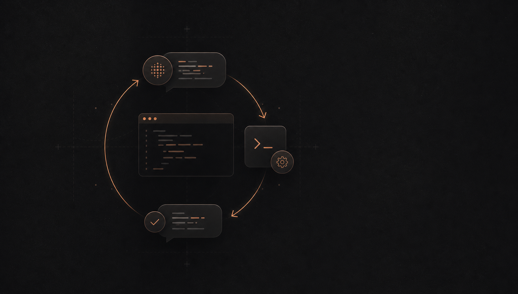 Abstract dark illustration of a coding agent tool-calling loop.